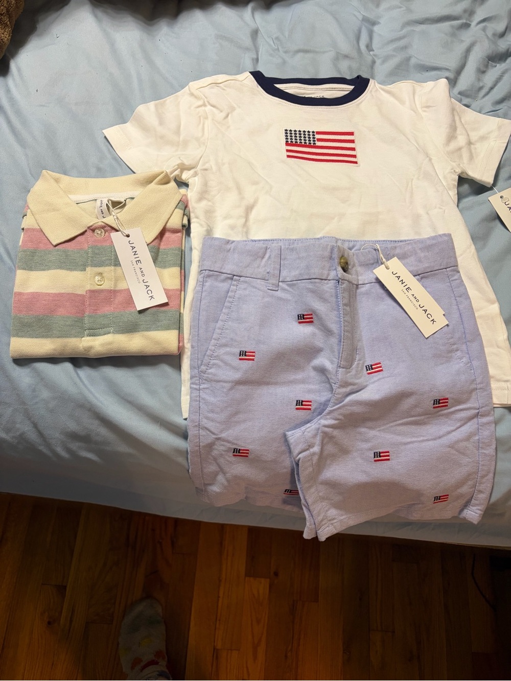 Janie and Jack lot Light Blue Embroidered Flag Shorts tshirt polo